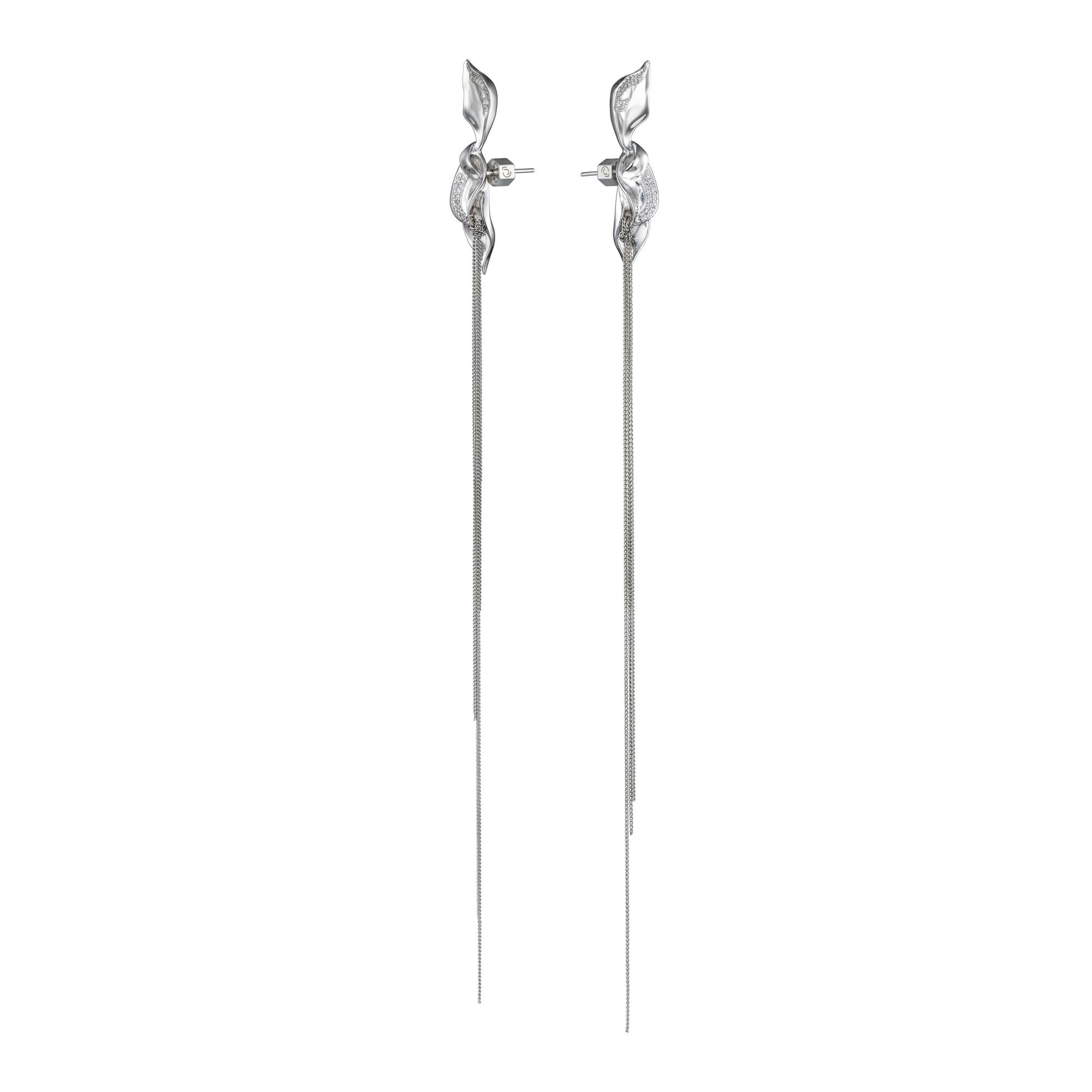 Серьги листья с длинными цепочками c фианитами