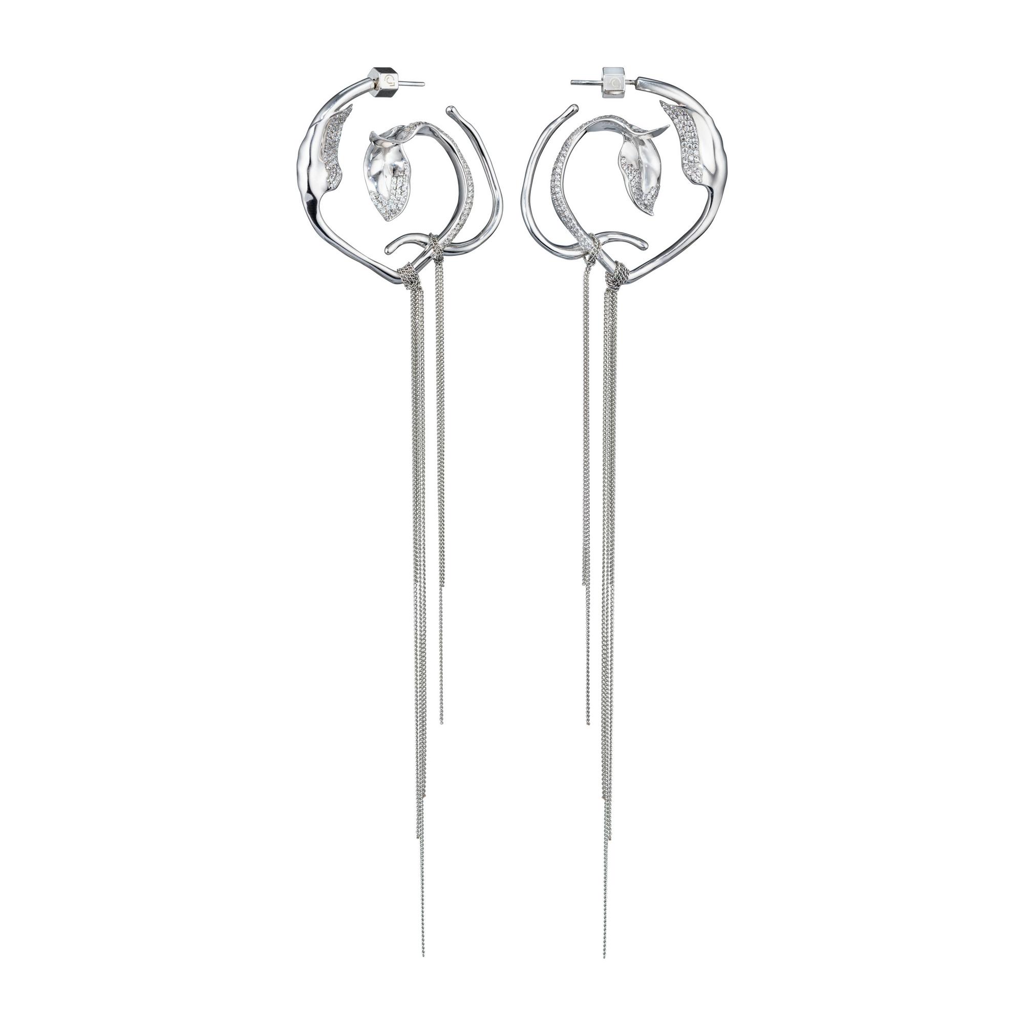 Серьги круглые с листьями  и фианитами