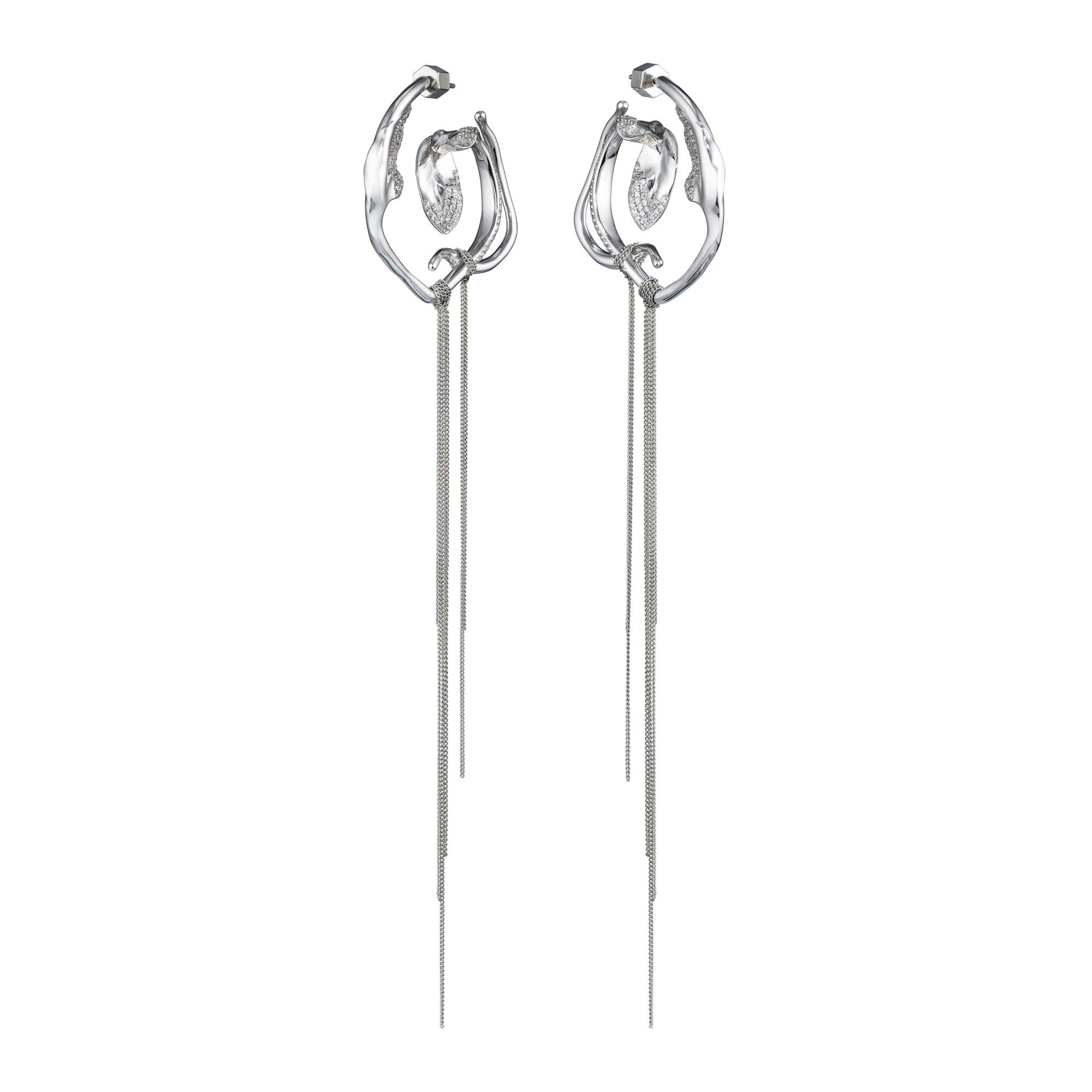 Серьги круглые с листьями  и фианитами