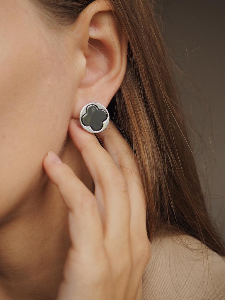 Серьги Клевер с черной керамикой