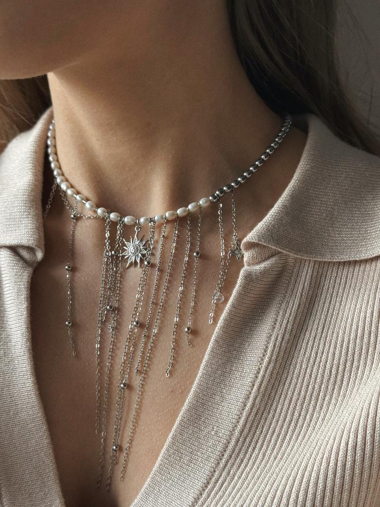 Чокер из натурального жемчуга и гематита с цепочками