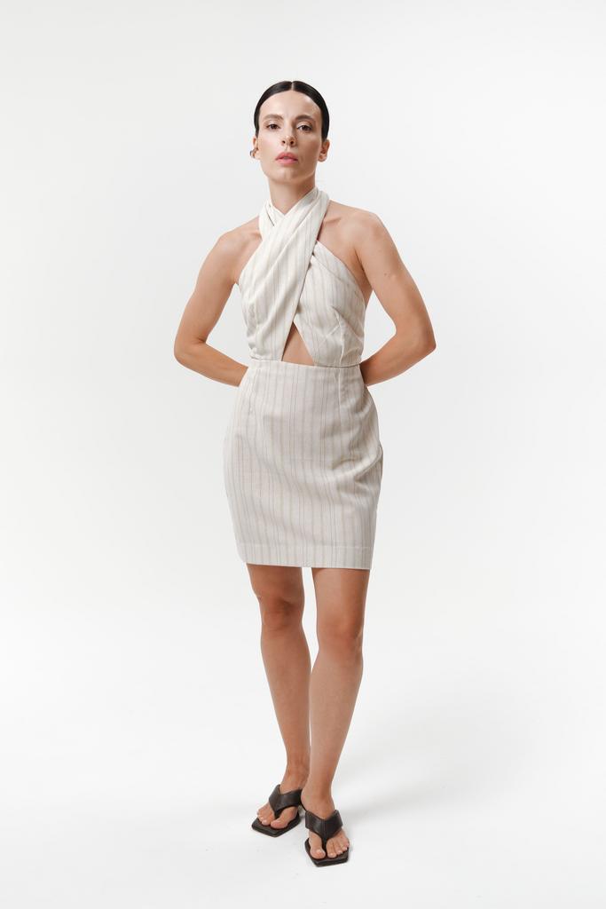 Платье мини из премиум льна в полоску