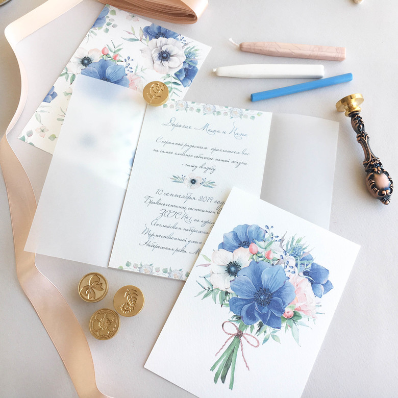 Приглашение на свадьбу с синими анемонами