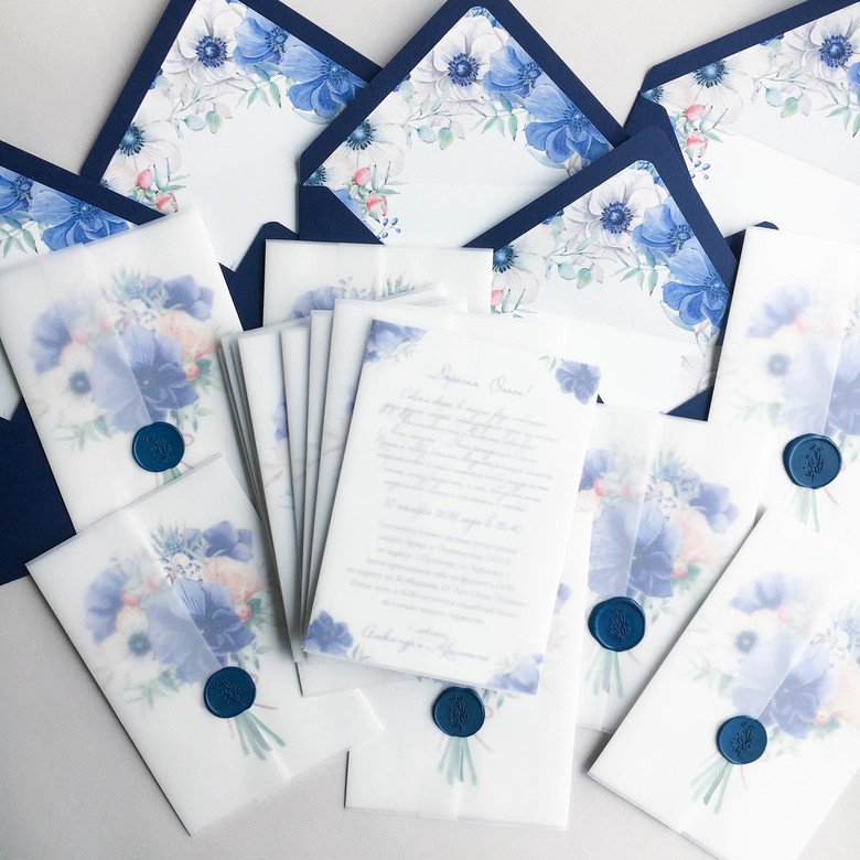 Приглашение на свадьбу с синими анемонами
