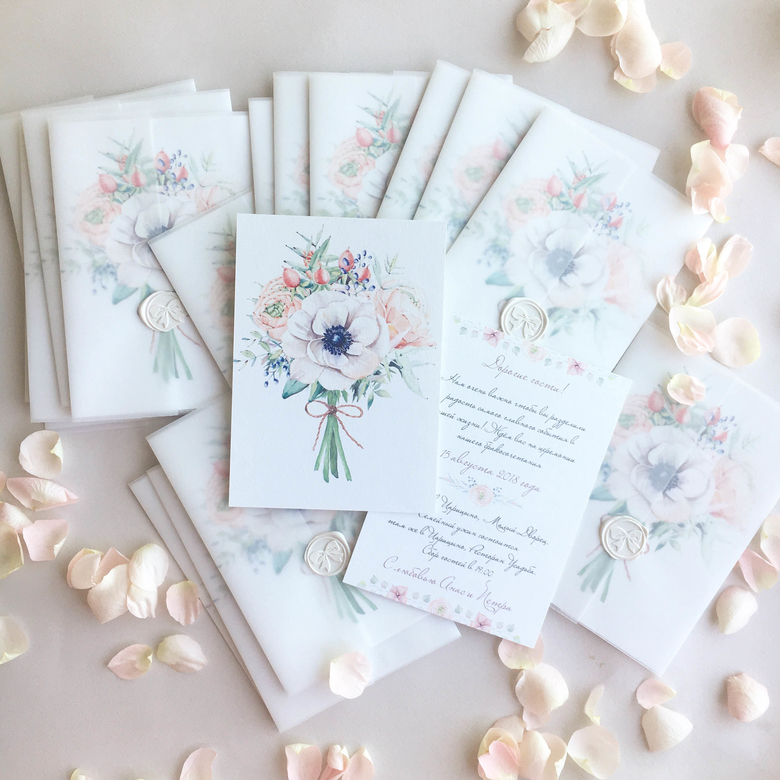 Пригласительные на свадьбу с  персиковыми цветами