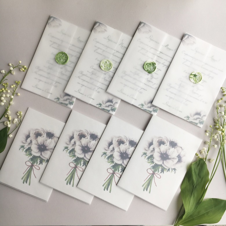 Приглашение на свадьбу с букетом белых анемонов