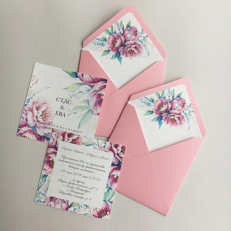 Пригласительные на свадьбу с розовыми пионами купить в Москве