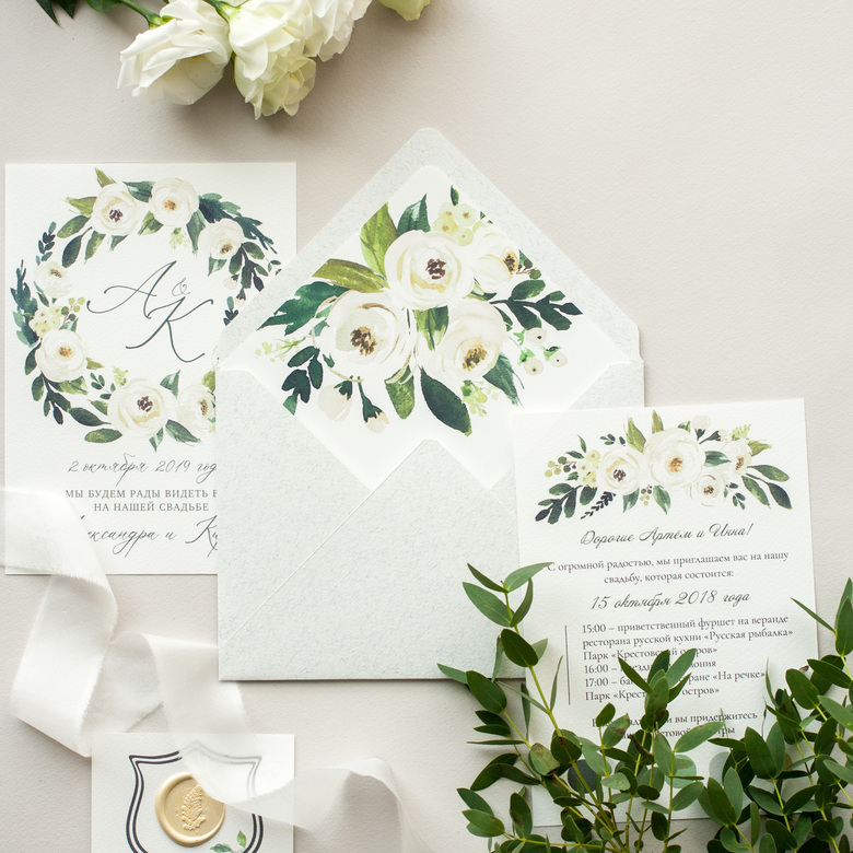 Пригласительные на свадьбу в бело-зеленом цвете