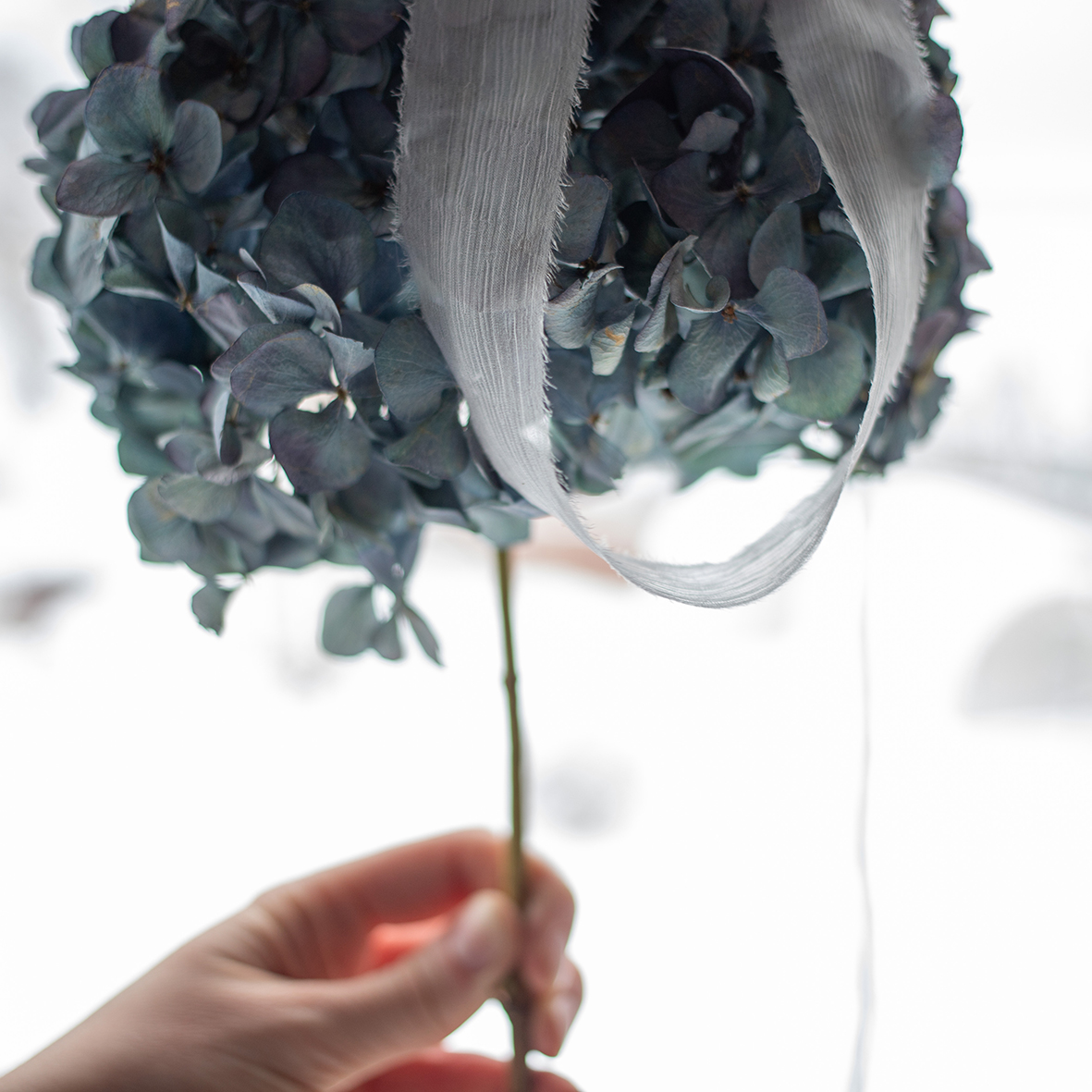 Шелковая лента ручной работы из жатого шифона "Серо-Голубой"