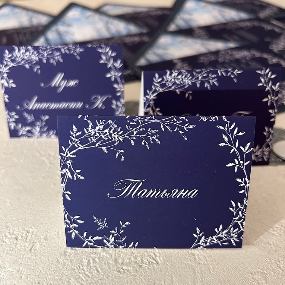 Карточки рассадки домиком с именами гостей синие