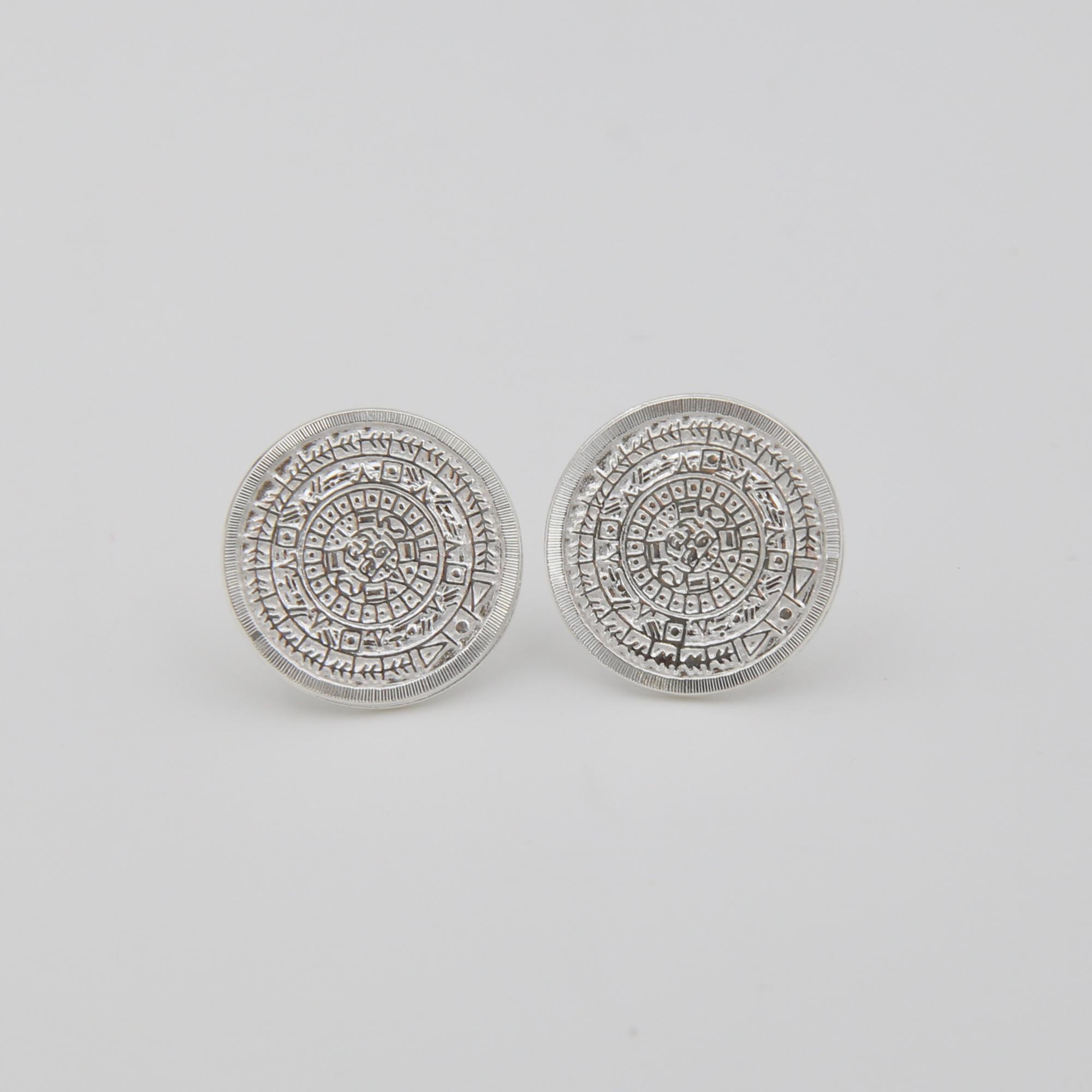 Серебряные серьги Календарь ацтеков малый 1P426