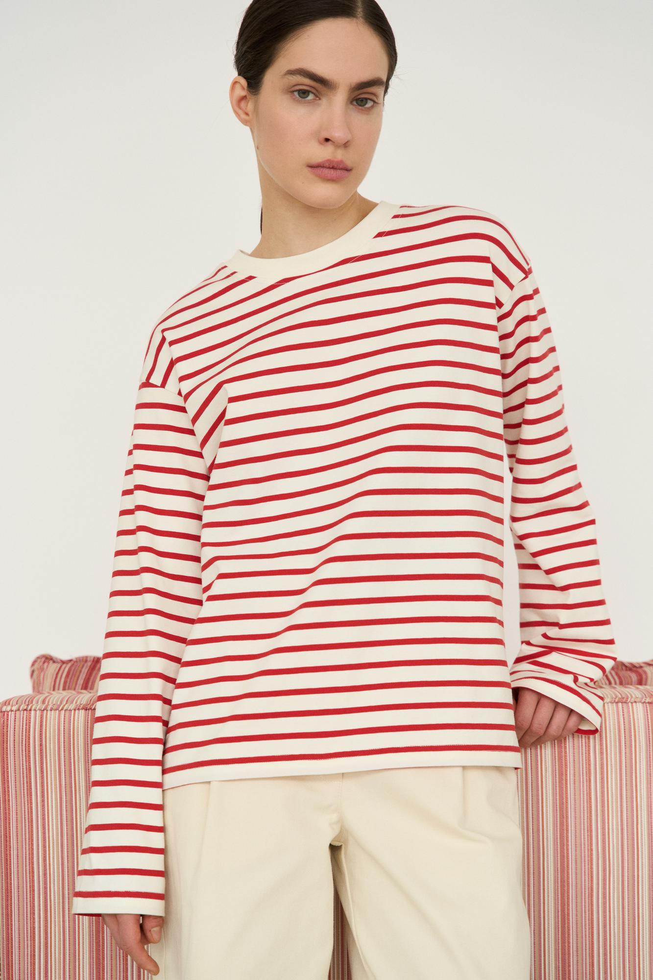 Лонгслив в полоску, красный-айвори