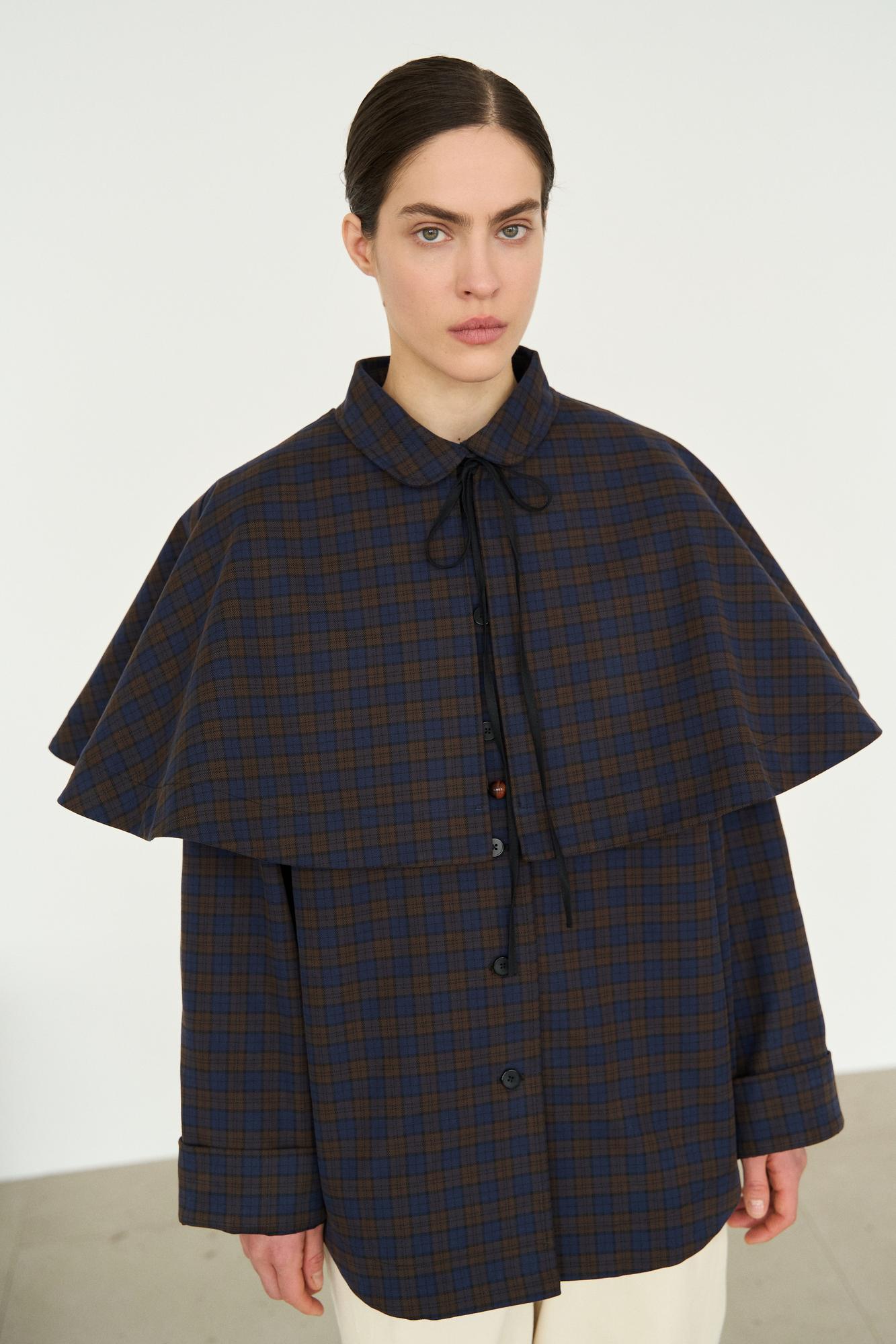 Рубашка в клетку с пелериной, синяя