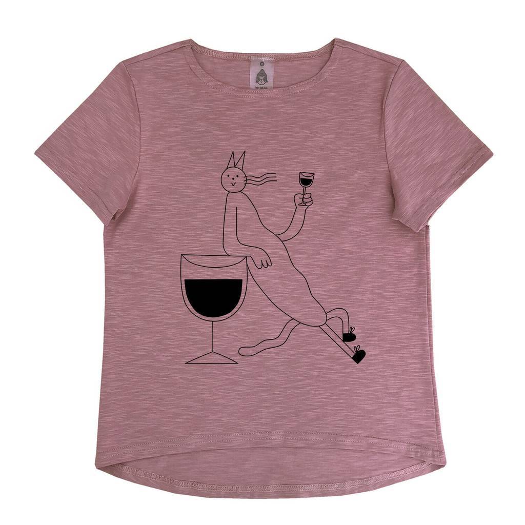 Футболка "Кот с бокалом" приглушенно-розовая (взрослые)