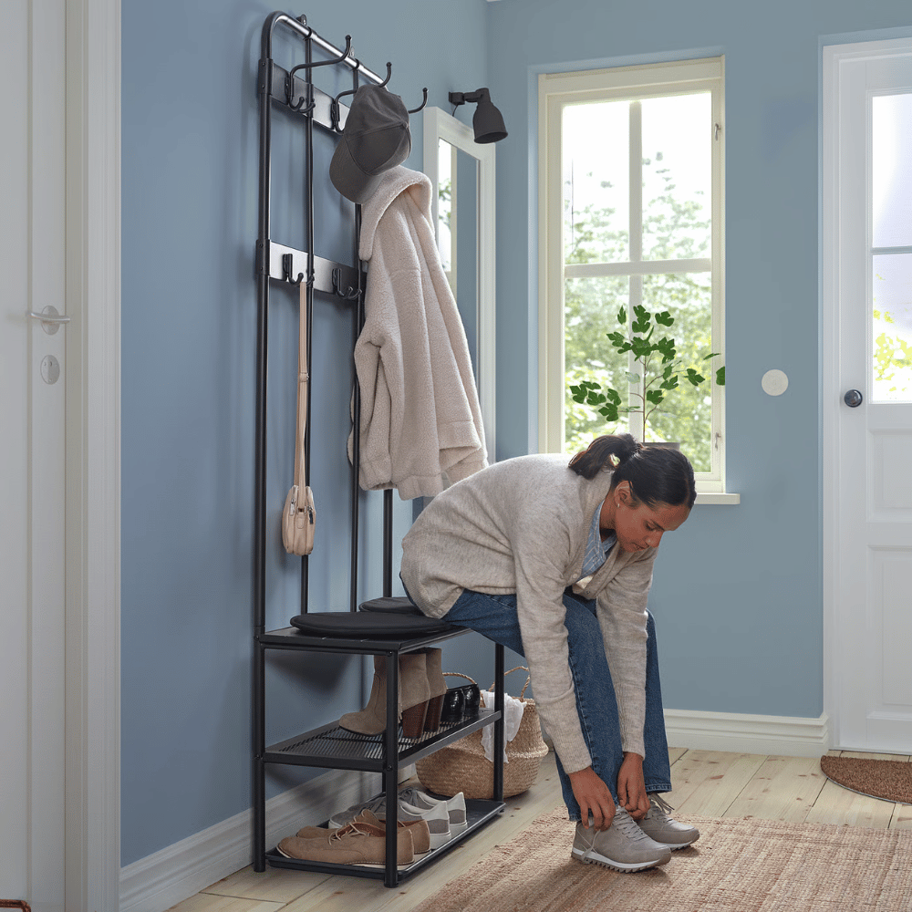 NIPASEN IKEA Asılqanlı skamya, ayaqqabı saxlama bölməsi ilə, qara rəng, 190×35×79 sm