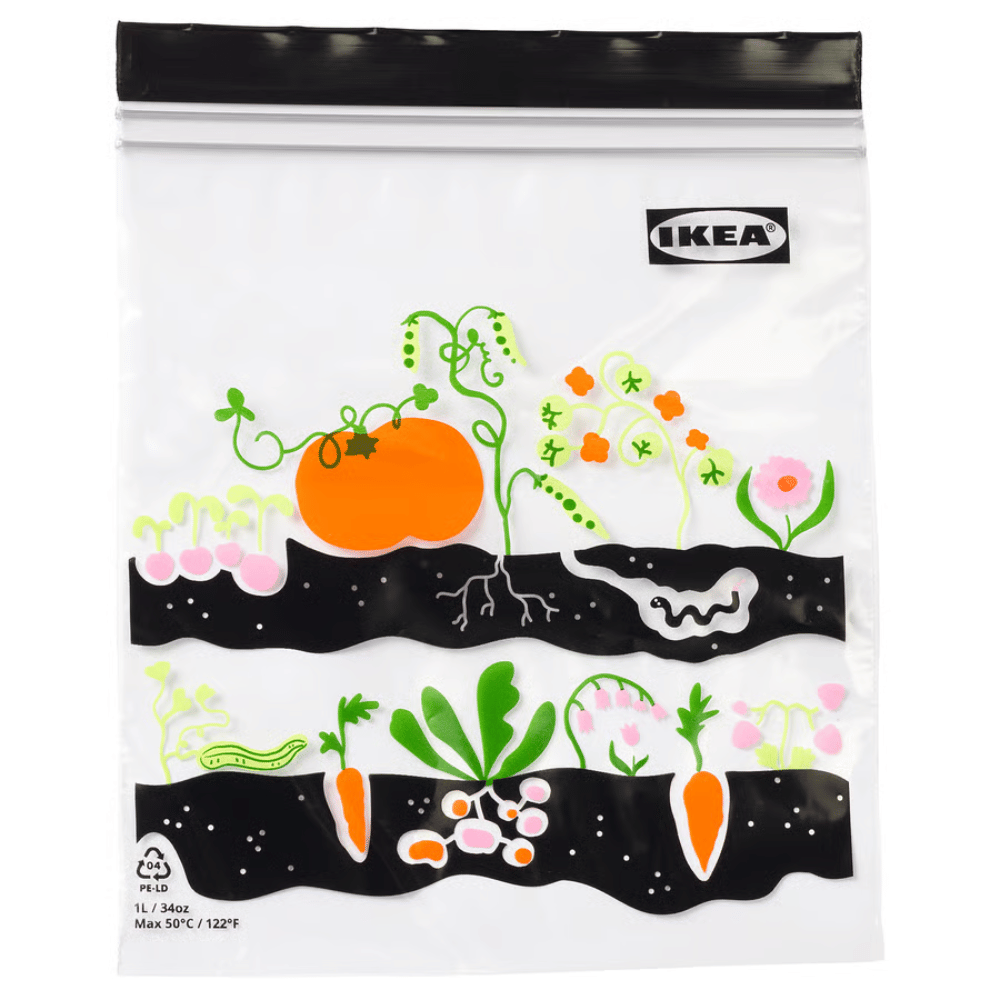 ISTAD IKEA Paket bağlanabilən, meyvə/tərəvəz naxışlı qara, 1 lt, 25 ədəd