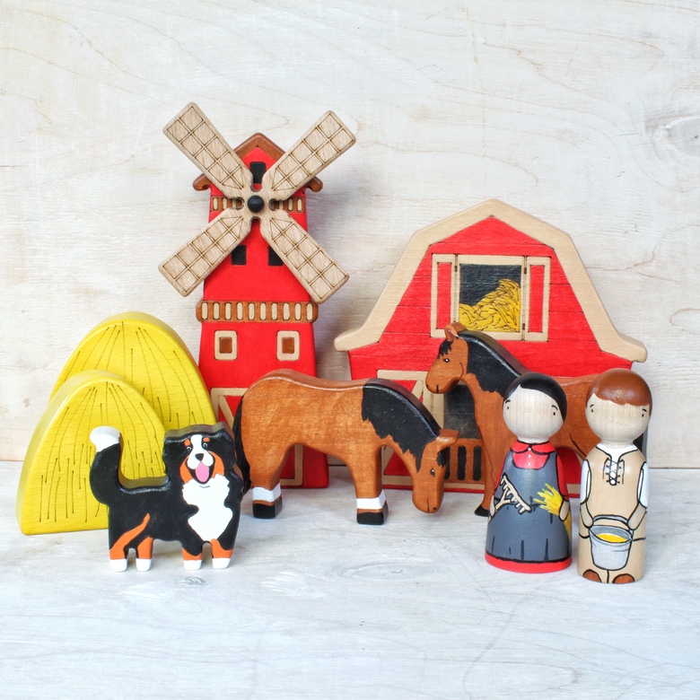 Мельница с амбаром       Набор деревянных игрушек из серии Ферма (9 предметов)