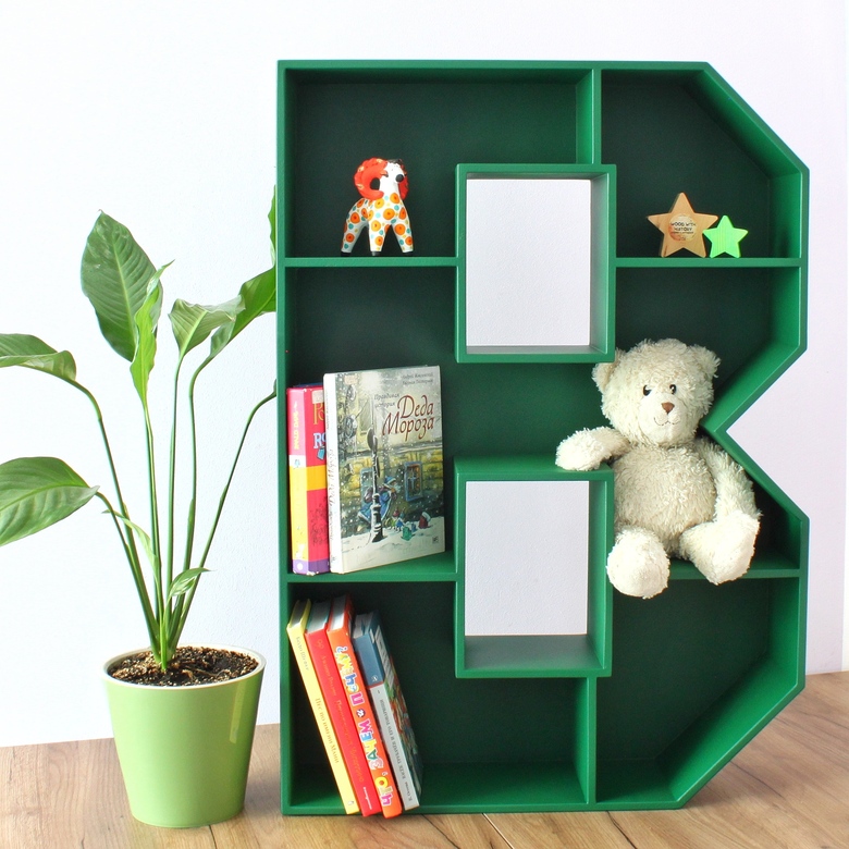 буква полка в, полка в детскую, буква в форме полки, полка в форме буквы в, зеленая буква на стену, малахит в интерьере