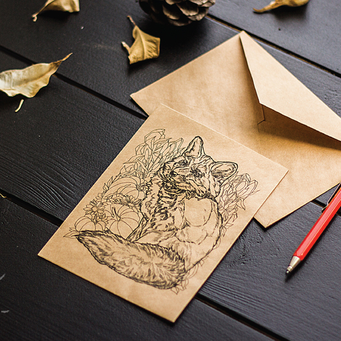 Крафтовый конверт с рисунком лисы