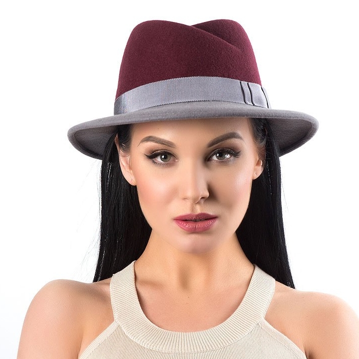 купить бордовую фетровую шляпу, купить двухцветную шляпу, серая шляпа, купить шляпу федора, купить шляпу в Москве, купить шляпу в Питере, дизайнерская шляпа, весенняя шляпа, шляпа к пальто, Анна Андриенко