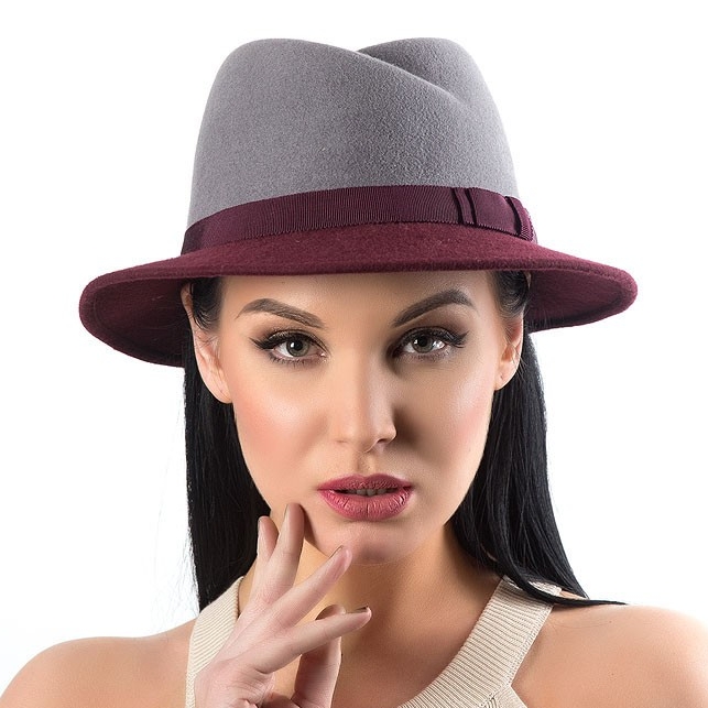 купить бордовую фетровую шляпу, купить двухцветную шляпу, серая шляпа, купить шляпу федора, купить шляпу в Москве, купить шляпу в Питере, дизайнерская шляпа, весенняя шляпа, шляпа к пальто, Анна Андриенко
