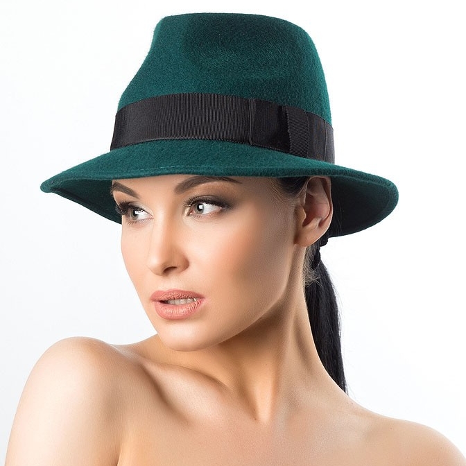 купить зеленую фетровую женскую шляпу в москве, купить зеленую шляпу федора в спб, женская шляпа, мужская шляпа, шляпа трели, шляпа борсалино, изготовление шляп, дизайнерская шляпа , Анна Андриенко