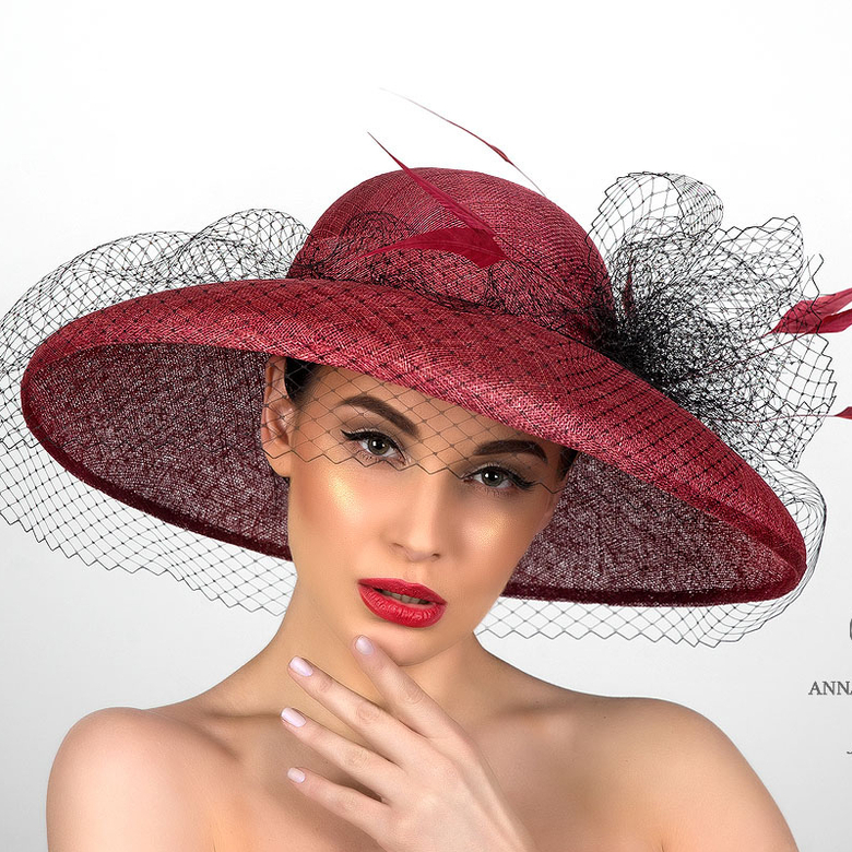 купить бордовую широкополую шляпу для скачек, купить вечернюю шляпу в москве, купить шляпу с большими полями в питере, дизайнерская шляпа, Анна Андриенко, шляпа для свадьбы, шляпа для фотосессии, светская шляпа, статусная шляпа, летняя шляпа