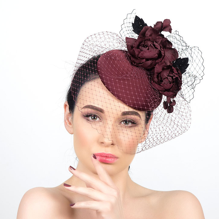 вечерние шляпки купить +в москве,  шляпка таблетка с вуалью, шляпка для скачек , цветок женская шляпка, бордовая шляпка купить в спб