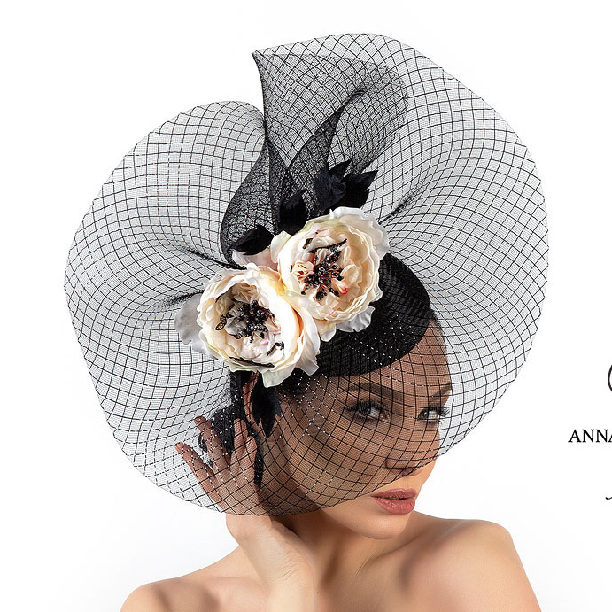вечерняя шляпка, шляпка для скачек, черная шляпка с цветами, дизайнерская шляпка Анна андриенко, вечерняя шляпка купить в Москве