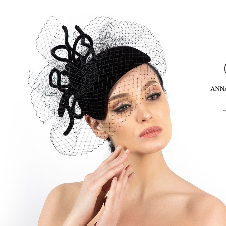 Шляпка черная вечерняя бархатная с вуалью , купить шляпку для скачек в Москве