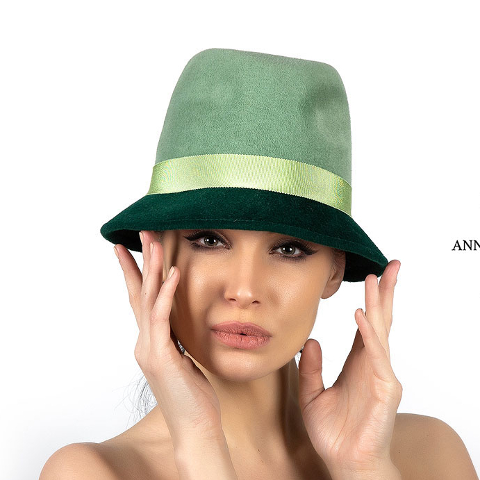 осенняя шляпка, женская шляпка, шляпка из велюра, зеленая шляпка, шляпа Федора, Анна андриенко дизайнерские шляпы, купить шляпу Спб, купить шляпу в Москве