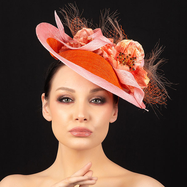 купить шляпку для скачек в москве, шляпки для скачек, шляпки для свадьбы, свадебная шляпка, женская шляпка, оранжевая с розовым шляпка, купить шляпку спб, вечерняя шляпка, шляпка для праздника, светская шляпка, дизайнерская шляпка, Анна Андриенко