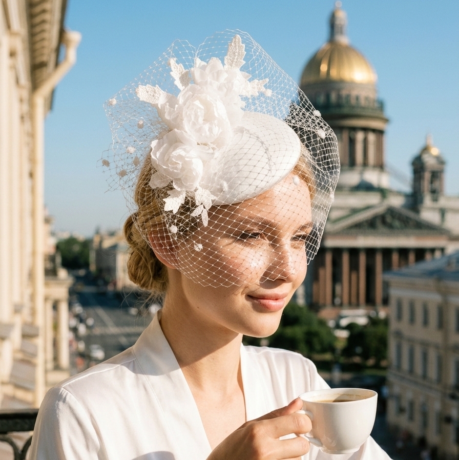 купить белую шляпку +с вуалью, шляпка +для скачек, женские шляпки спб, дизайнерские шляпки Анна Андриенко, свадебные шляпки вуалетки, шляпки питер, вечерние шляпки купить +в москве