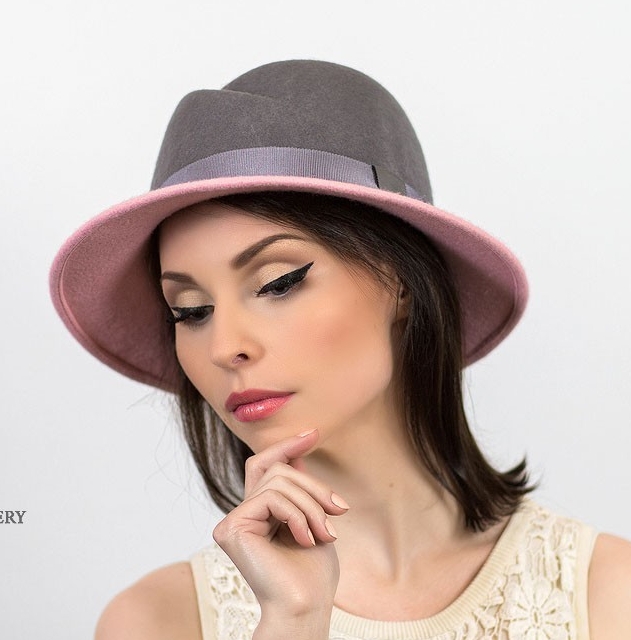 купить серо-розовую шляпу в москве, купить шляпу с полями спб, двухцветная шляпа, женская шляпа, осенняя шляпа, весенняя шляпа, зимняя шляпа, фетровая шляпа, дизайнерская шляпа, Анна Андриенко