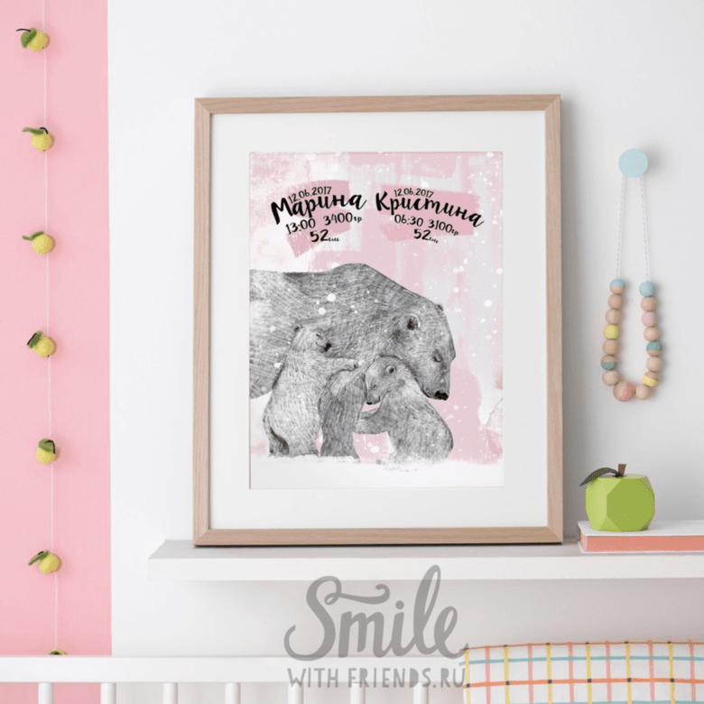 Постер - метрика с белыми медведями на розовом фоне купить в интернет магазине