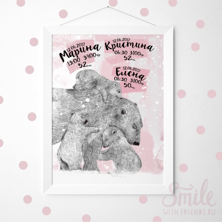 Метрика с белыми медведями на розовом фоне (с одним, двумя или тремя медвежатами)