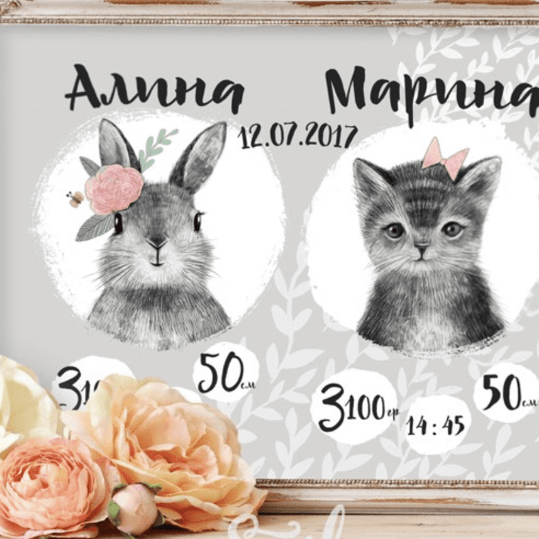 Постер - метрика с малышами - зверятами купить в интернет  магазине