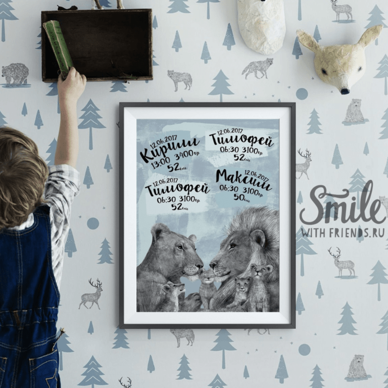 Метрика львиной семьёй на голубом фоне (с одним, двумя, тремя и четырьмя львятами)