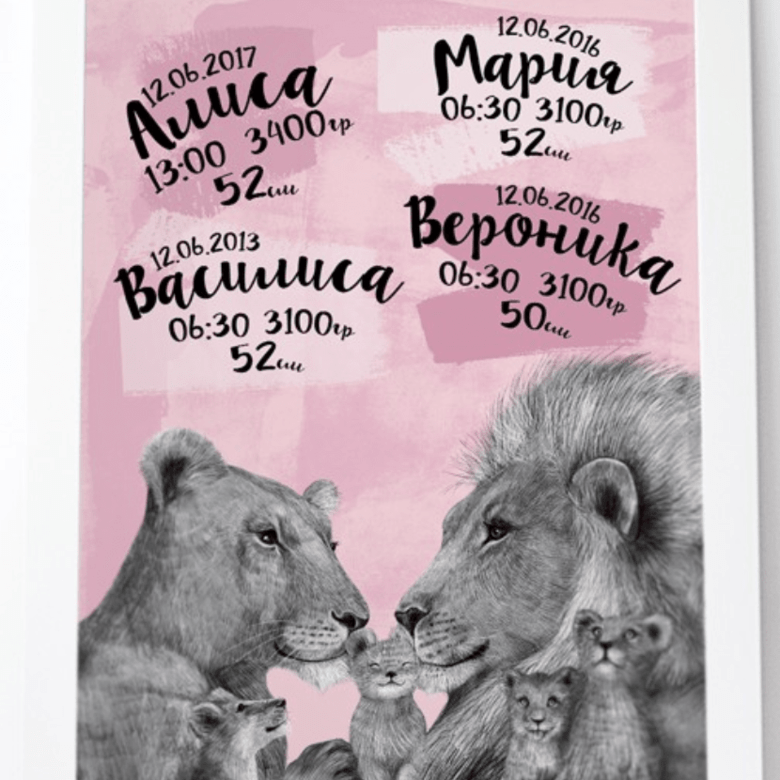 Постер - метрика львиная семья на розовом фоне купить в интернет магазине