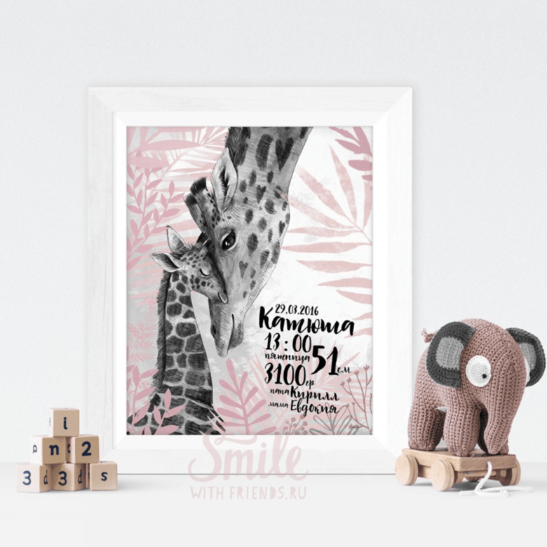 Постер - метрика жираф с малышом жирафенком в голубых, розовых или серых тонах купить в интернет магазине