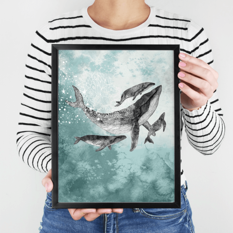 Кит с детьми на бирюзовом фоне (с одним, двумя или тремя)