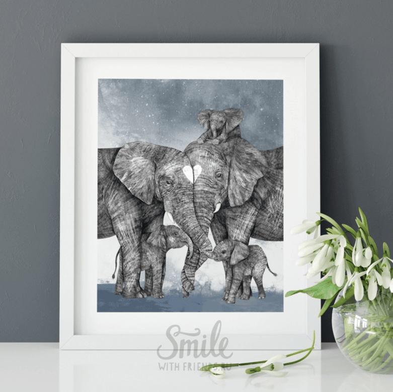 Слоновья семья с одним, двумя или тремя слонятами - в синем цвете