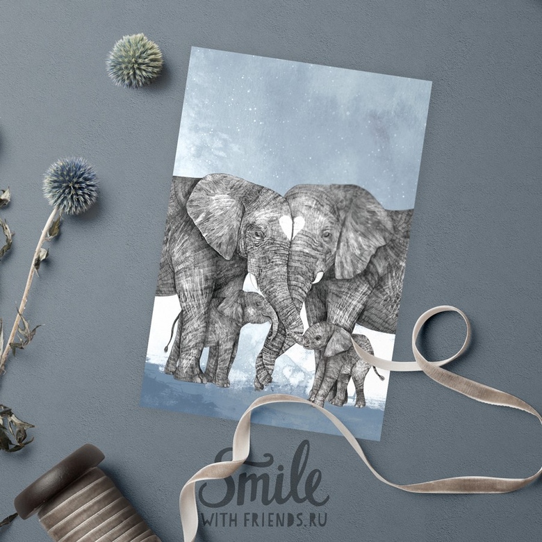 Слоновья семья с одним или двумя слонятами - открытка