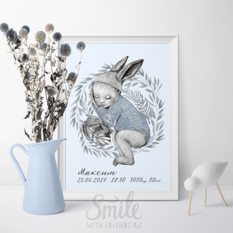Постер - метрика зайчата в розовых, голубых или горчичных тонах купить в интернет магазине