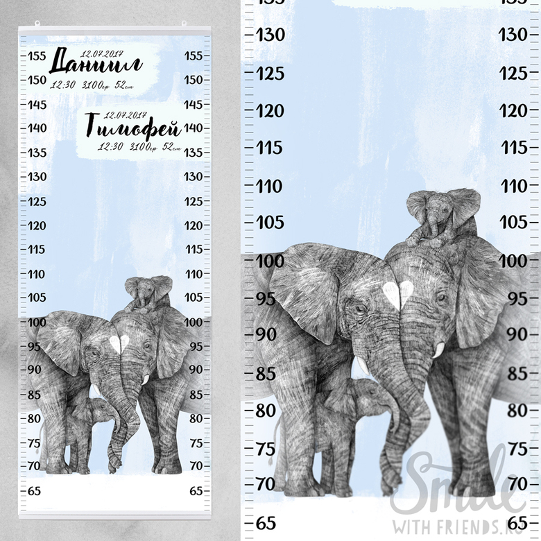 Ростомер именной с семьёй слонов - для двоих детей - с любым цветом фона