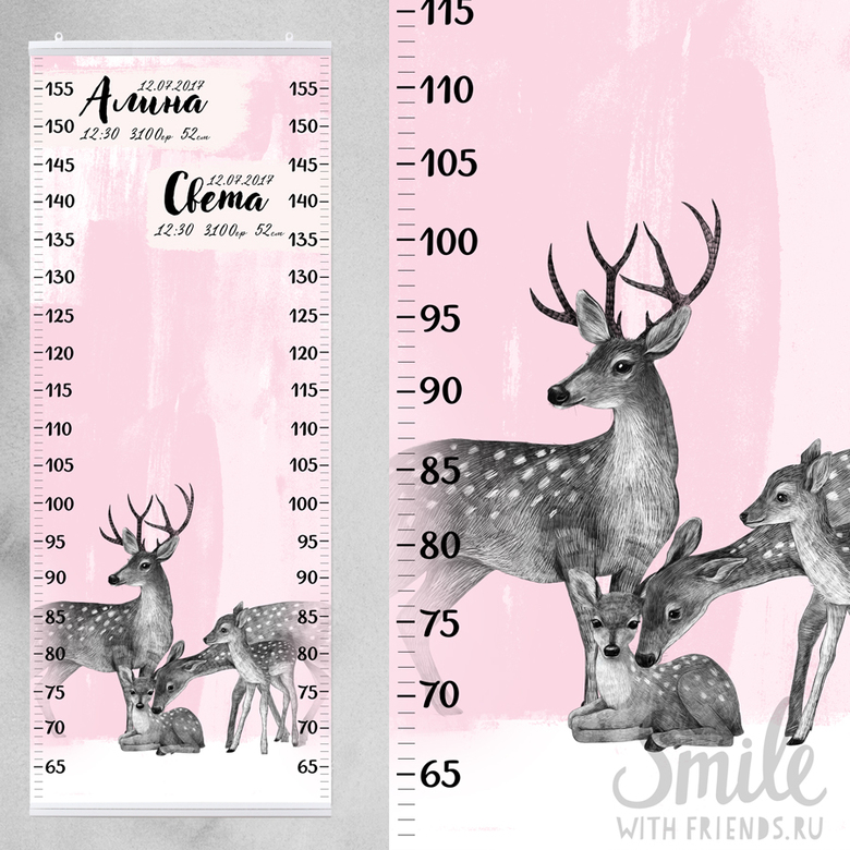 Ростомер именной с семьёй оленей - для двоих детей - в розовом или голубом