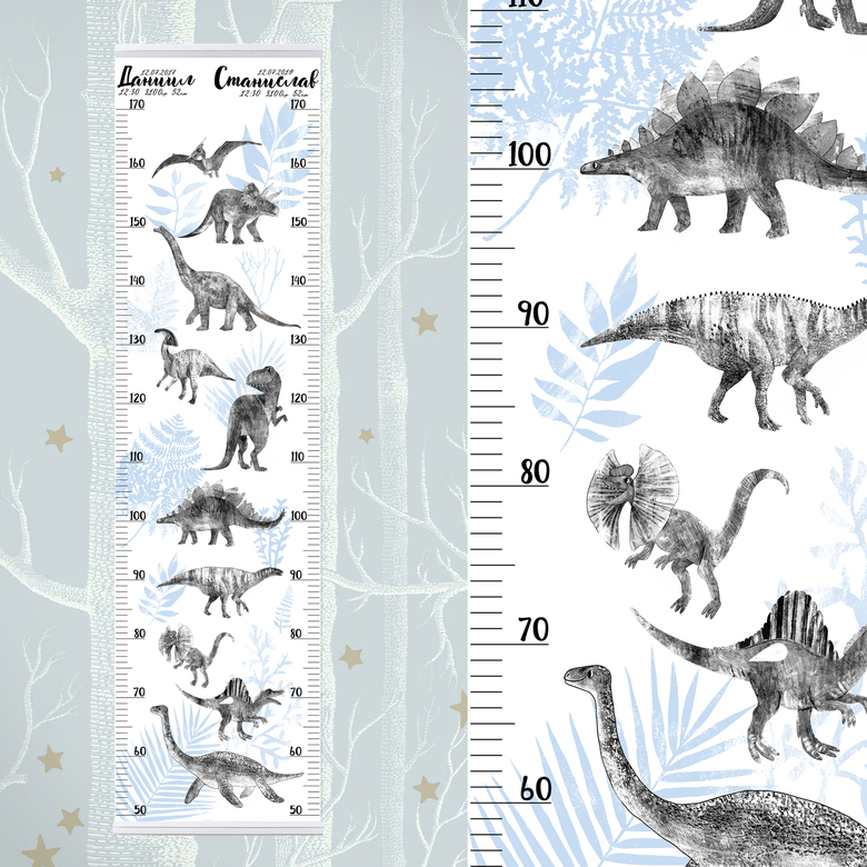Ростомер с динозаврами для двоих детей - купить ростометрику в детскую комнату