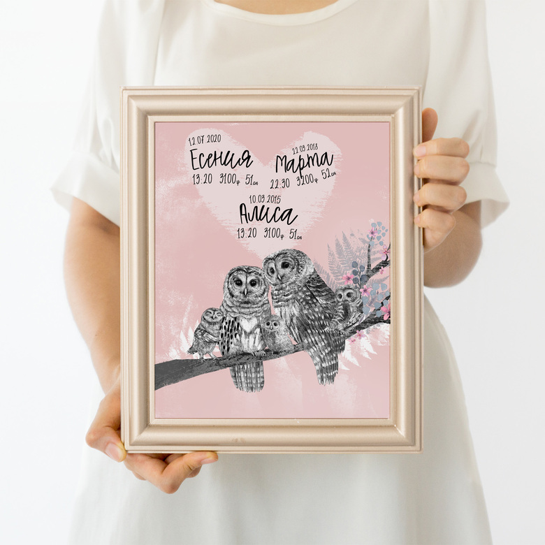 Метрика с совами (с одним, двумя или тремя совятами) - на розовом фоне