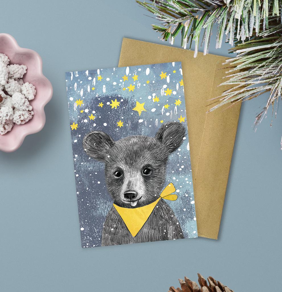 Открытка с медвежонком на Новый год