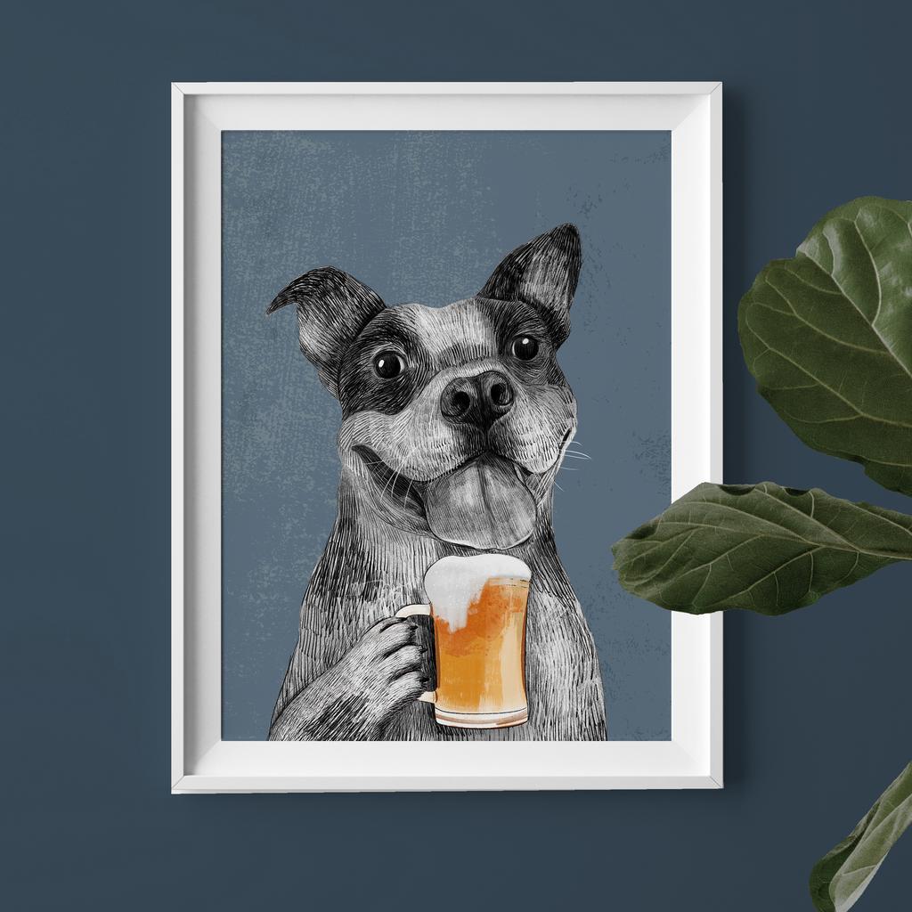 Бульдог с бокалом пива
